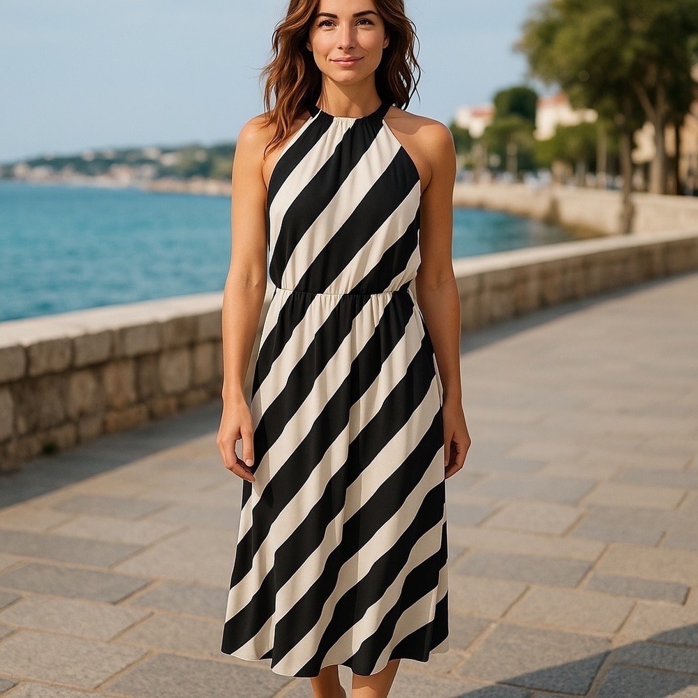 London Times Black and White Diagonal Stripe Midi Dress